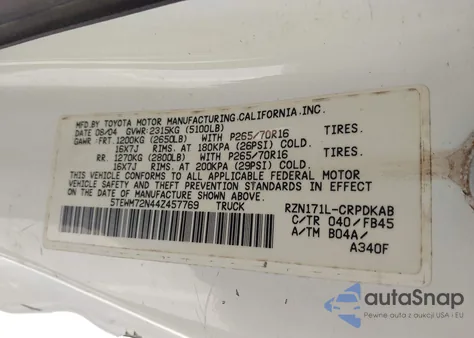 2004 Toyota Tacoma из США, поврежденный, VIN 5TEWM72N44Z457769